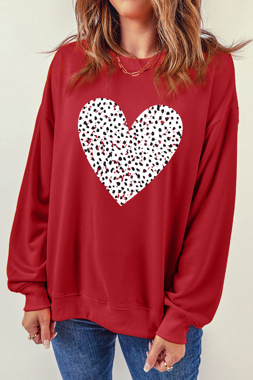 Red Valentine Leopard Heart Graphic Drop Shoulder Sweatshirt