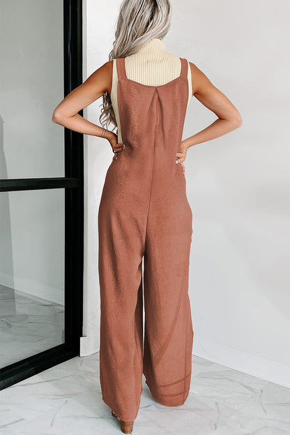 Textured Adjustable Straps Ruched Wide Leg Jumpsuit