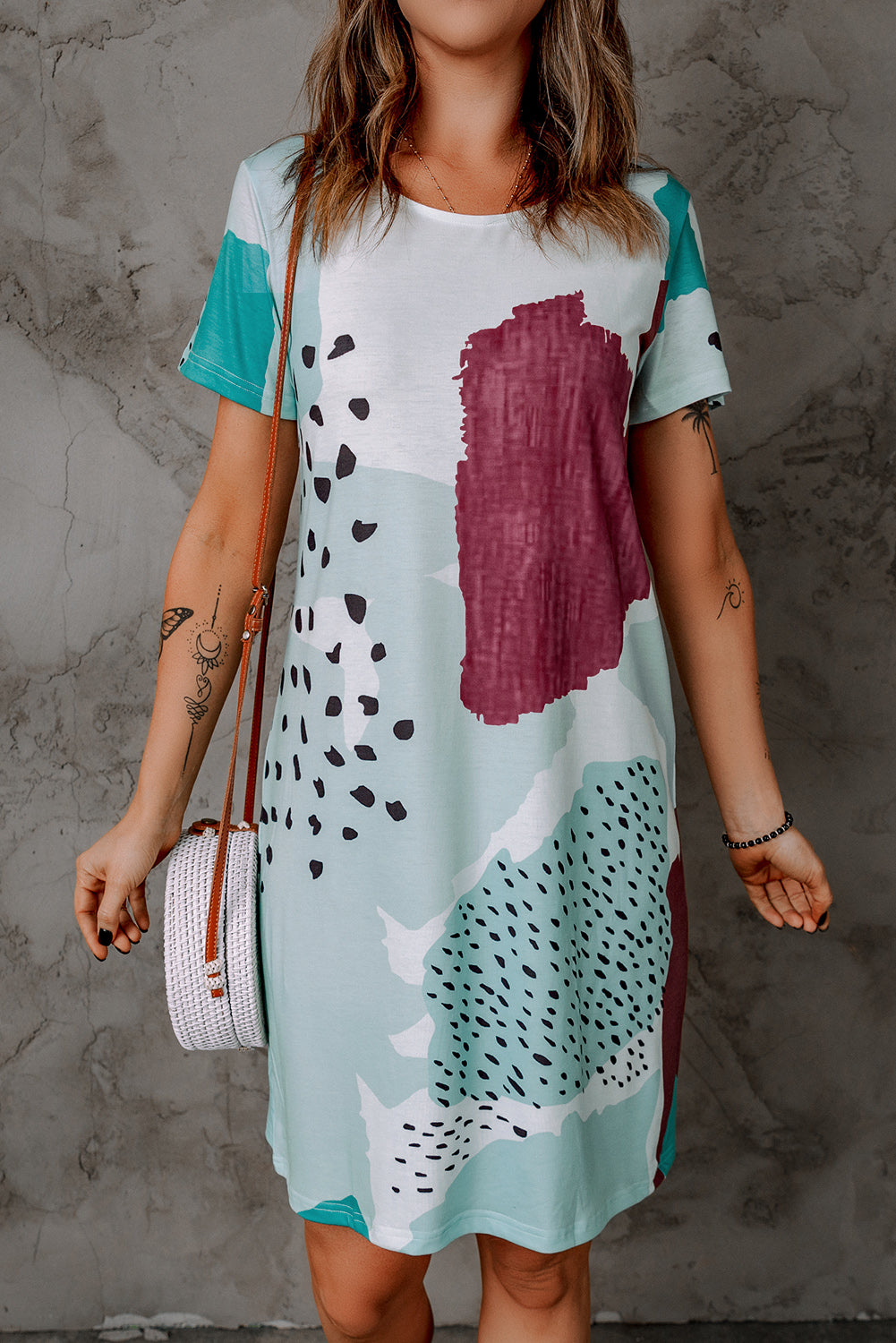 Casual Tie Dye Spotted Print Color Block Shirt Dress