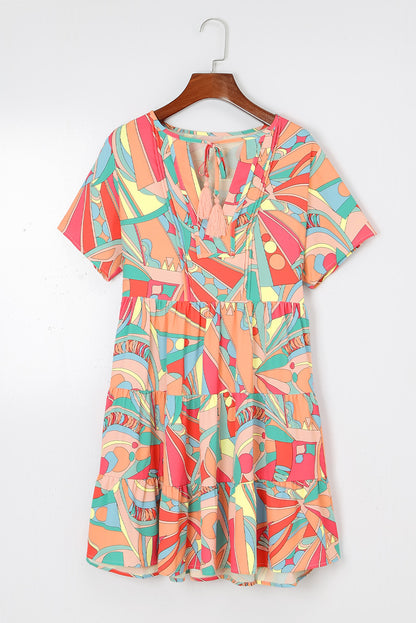 Multicolor Abstract Print Split V Neck Short Sleeve Tiered Dress