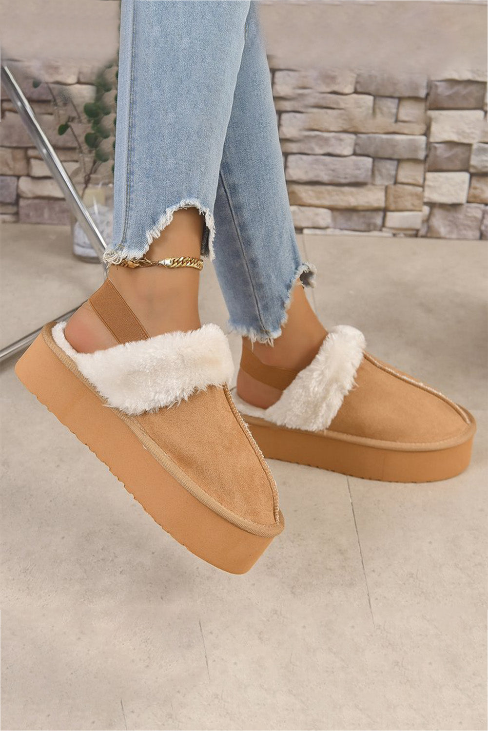 Light French Beige Suede Fluffy Slippers with Elastic Straps