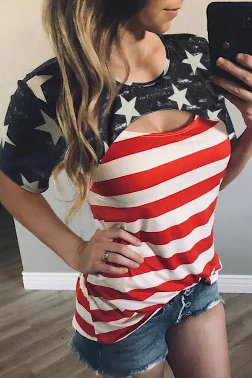 American Flag Cut Out Short Sleeve Crew Neck T Shirt