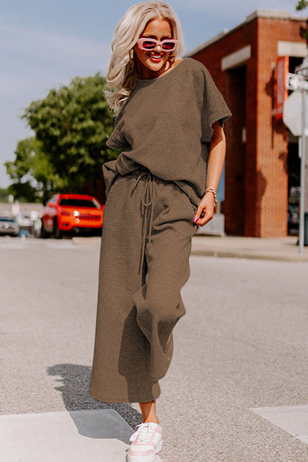 Gray Textured Loose Fit T Shirt & Drawstring Pants Set