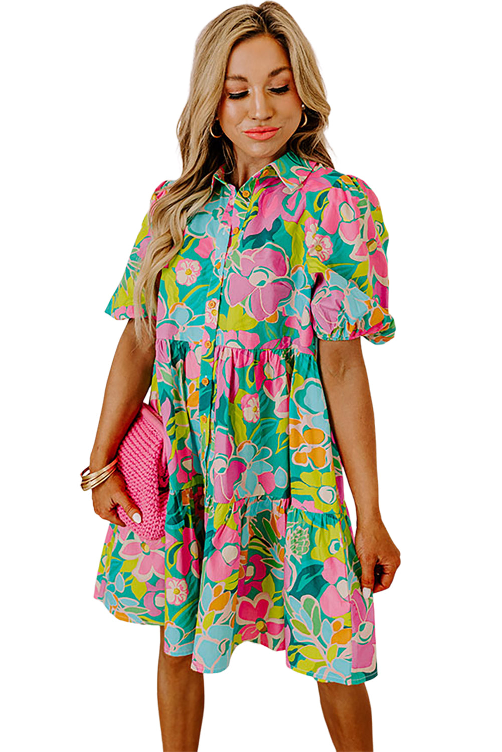 Floral Puff Sleeve Buttoned Babydoll Dress