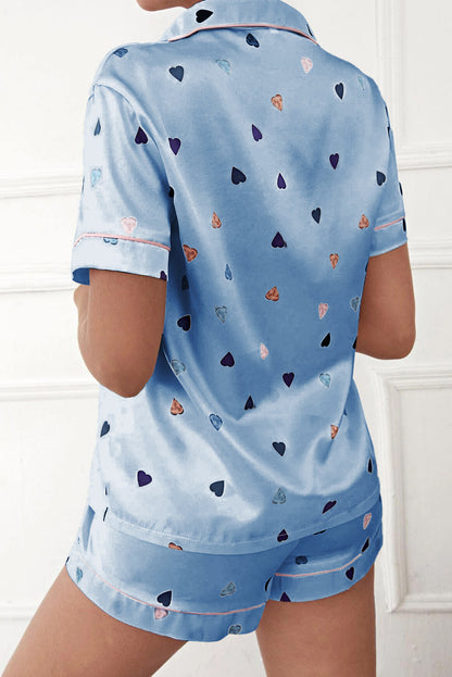 Sky Blue Heart Print Pocket Shirt & Elastic Shorts Lounge Set