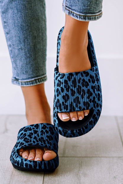 Black Leopard Print Open Toe Thick Flat Slippers