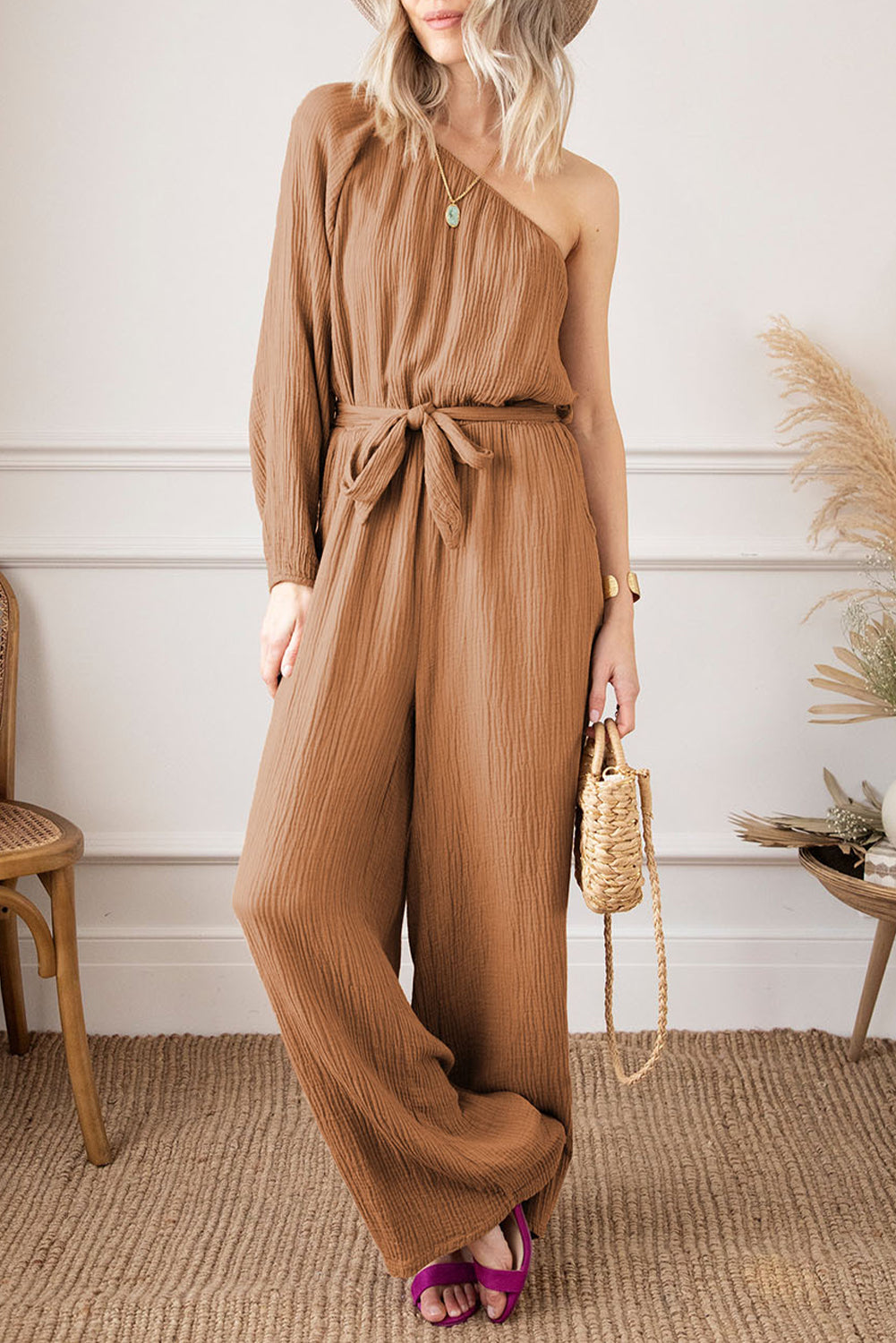 Khaki Crinkled Texture One Shoulder Loose Jumpsuit