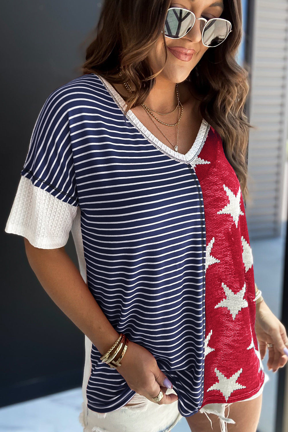 Multicolor Stripes Stars Print Knit Short Sleeve Top