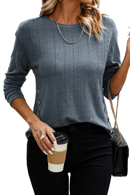 Ashleigh Blue Textured Buttoned Decor Long Sleeve Top