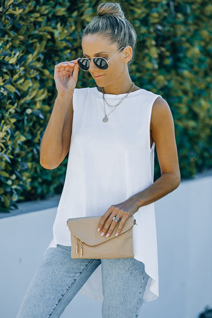 White Casual Solid Color High Low Tank Top