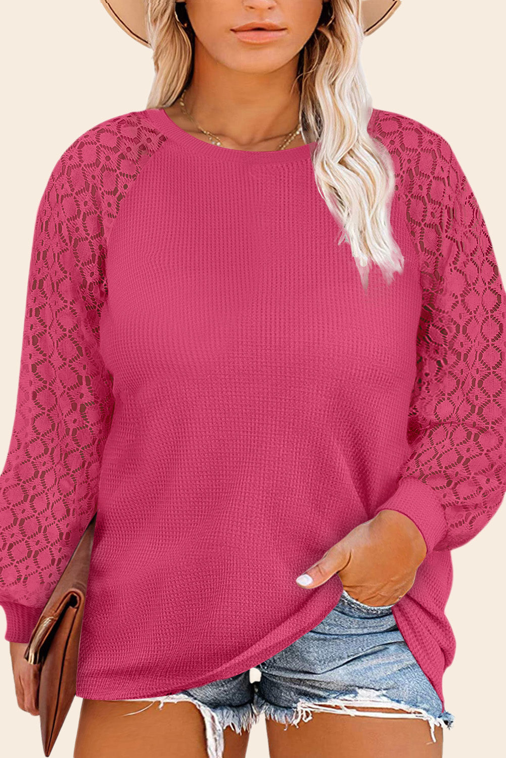 Red Plus Size Contrast Lace Sleeve Waffle Knit Top