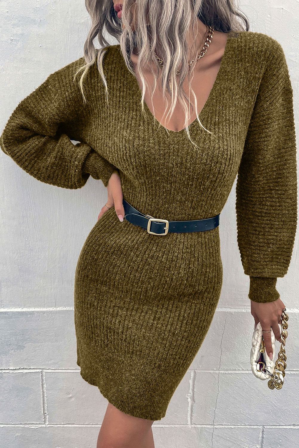 V Neck Puff Sleeve Bodycon Sweater Dress