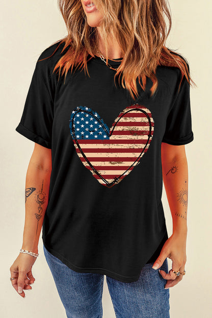Black American Flag Heart Shape Graphic Round Neck Tee
