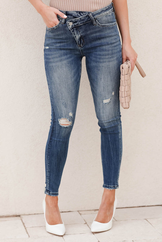 Sky Blue Button Zip Fly Distressed Skinny Jeans