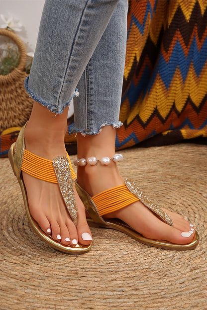 Chestnut Sequined Leathered Clip Toe Flat Sandals