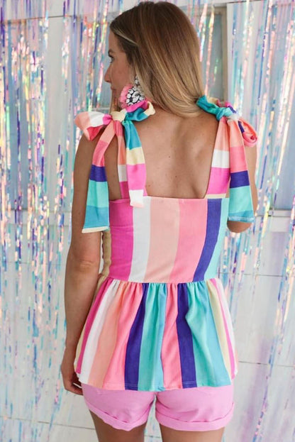 Multicolor Striped Print Bow Knot Straps Sleeveless Maxi Dress