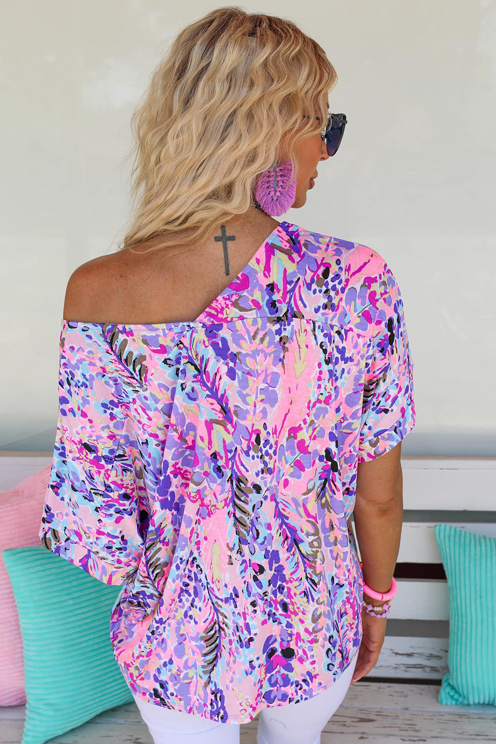 Abstract Print Wrap V Neck Flutter Sleeve Mid Length Summer Dress