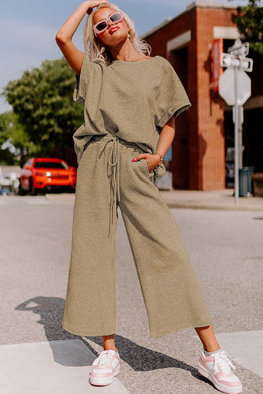 Gray Textured Loose Fit T Shirt & Drawstring Pants Set