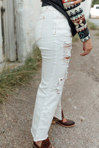 White Distressed Buttons High Waisted Flare Jeans