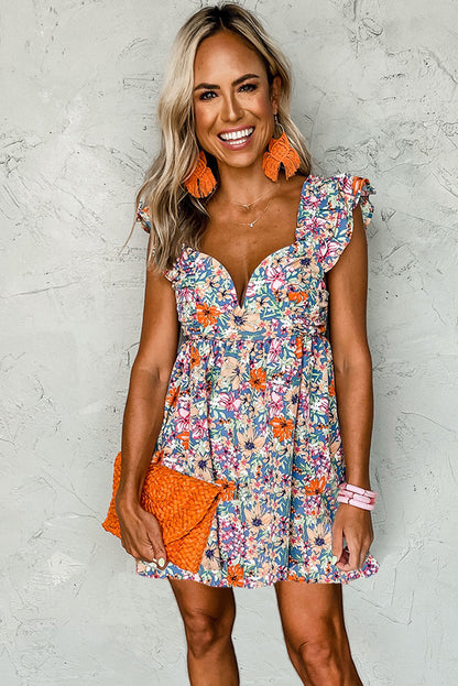 Multicolor Sweetheart Ruffle Sleeveless Floral Short Dress