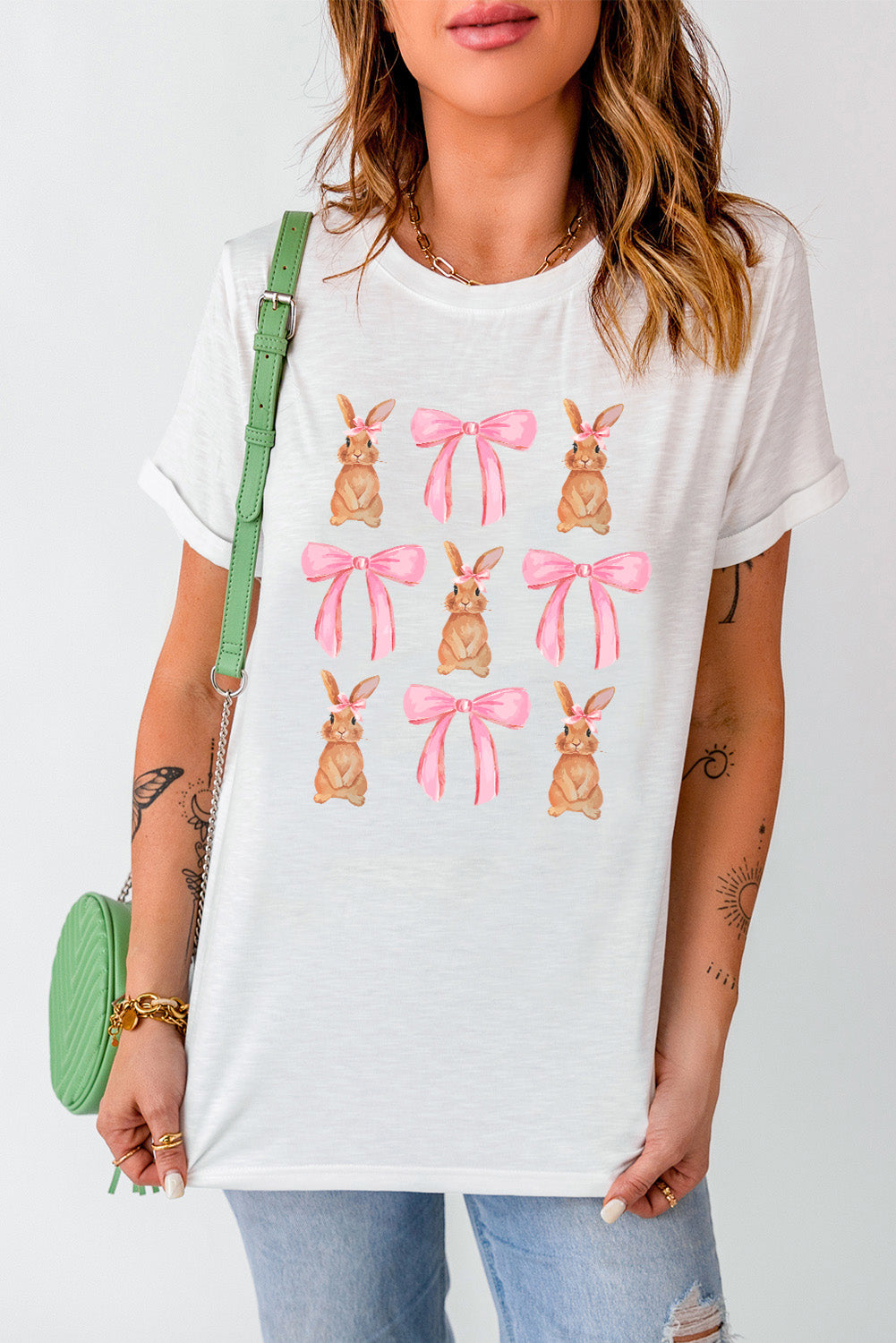 White Rabbit Bow Knot Graphic Crew Neck T Shirt