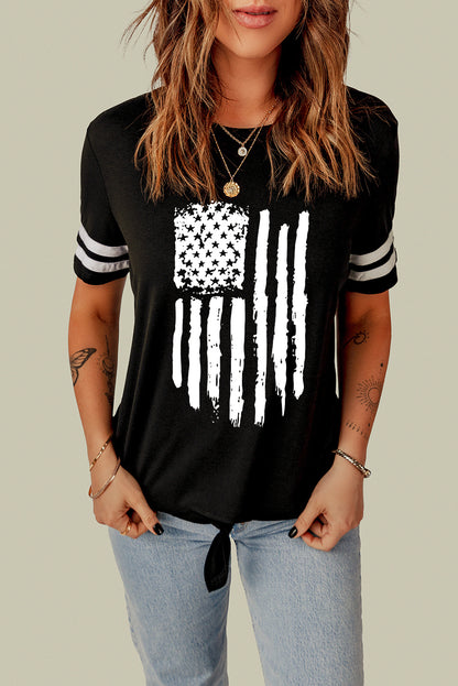 Black American Flag Graphic Striped Sleeve Knot Hem T Shirt