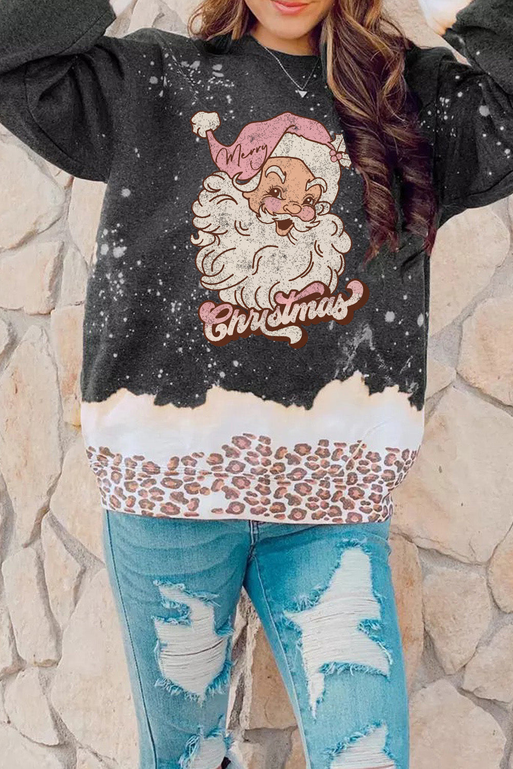 Black Christmas Santa Claus Leopard Tie Dye Graphic Sweatshirt