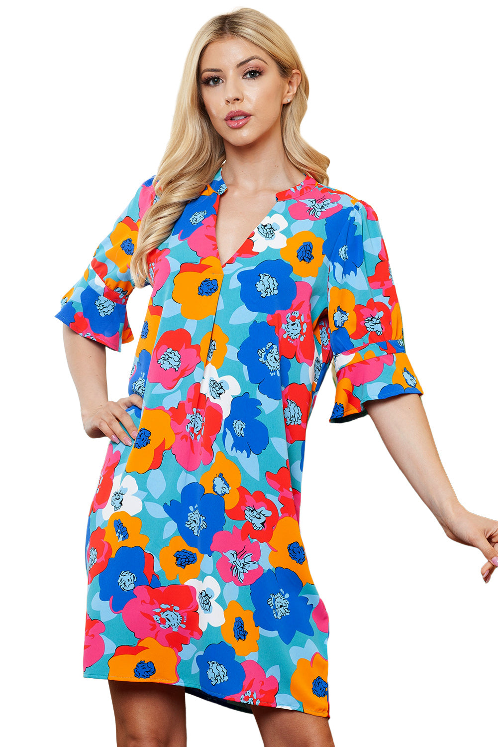 Multicolor Floral Print Casual V Neck Blouse