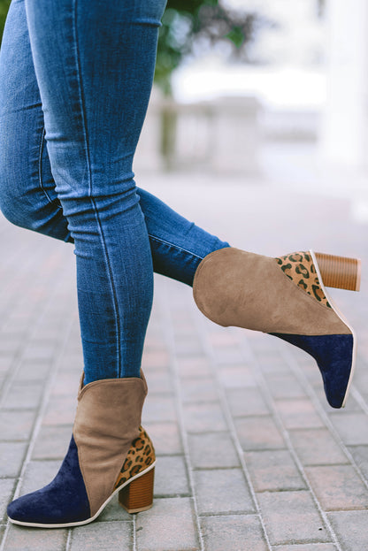 Leopard Print Patchwork Chunky Block Heel Boots