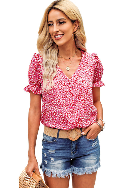 Rosy Leopard Print Oversized Casual Half Sleeve V Neck Top