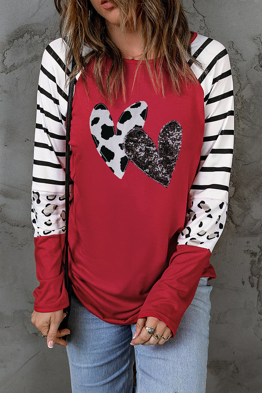 Red Double Heart Patch Contrast Graphic Long Sleeve Top