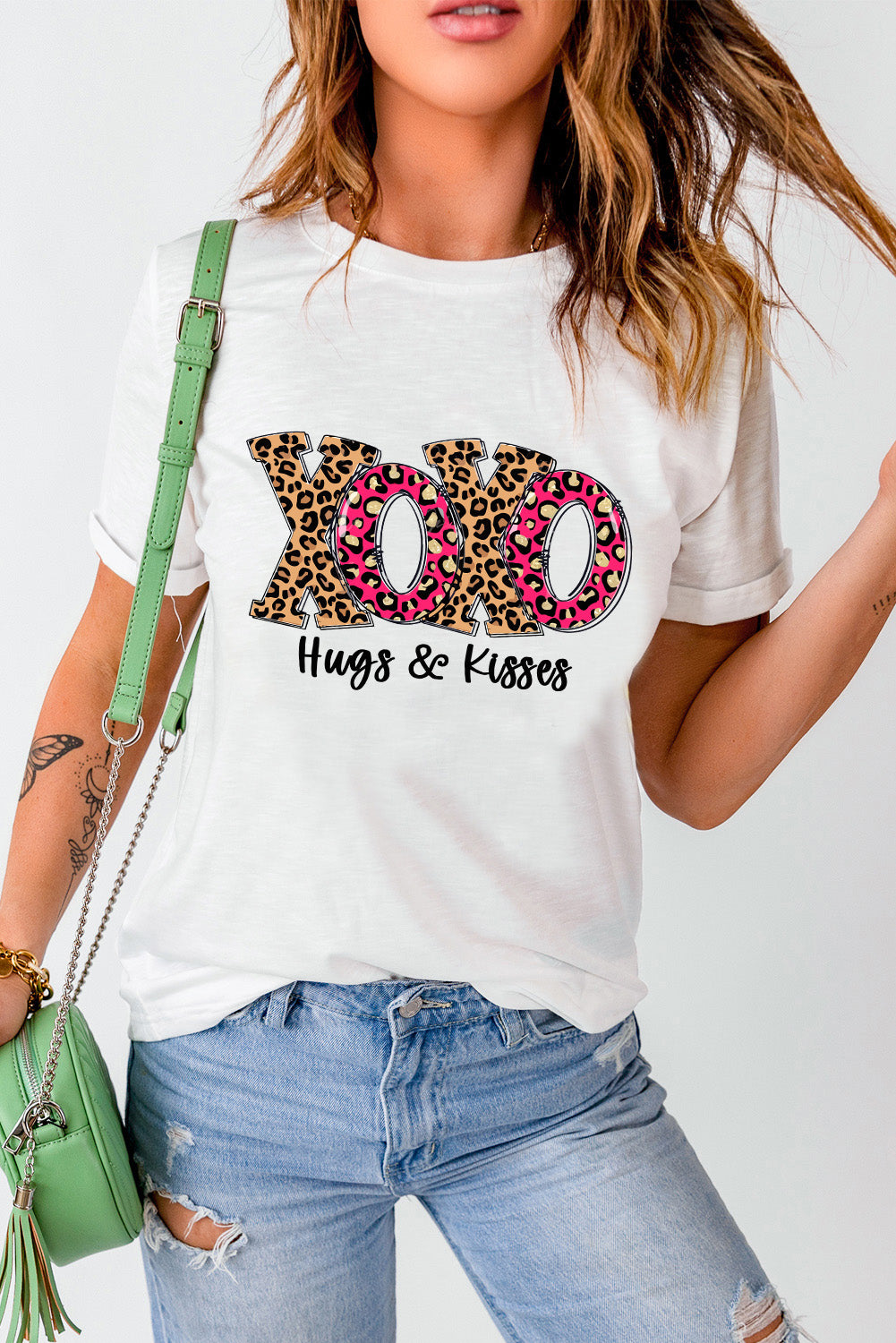 White Valentine XOXO Leopard Graphic Crew Neck T Shirt