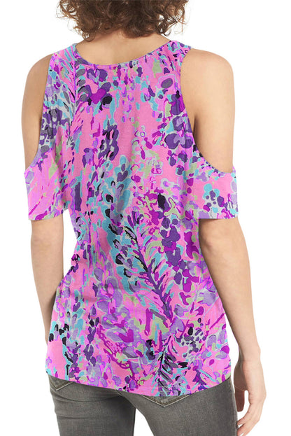 Abstract Print Wrap V Neck Flutter Sleeve Mid Length Summer Dress