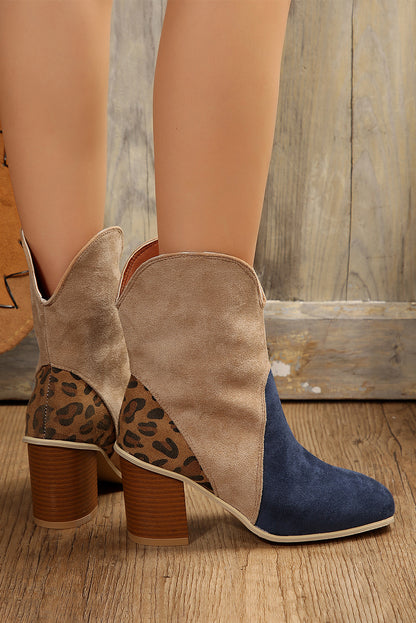 Leopard Print Patchwork Chunky Block Heel Boots