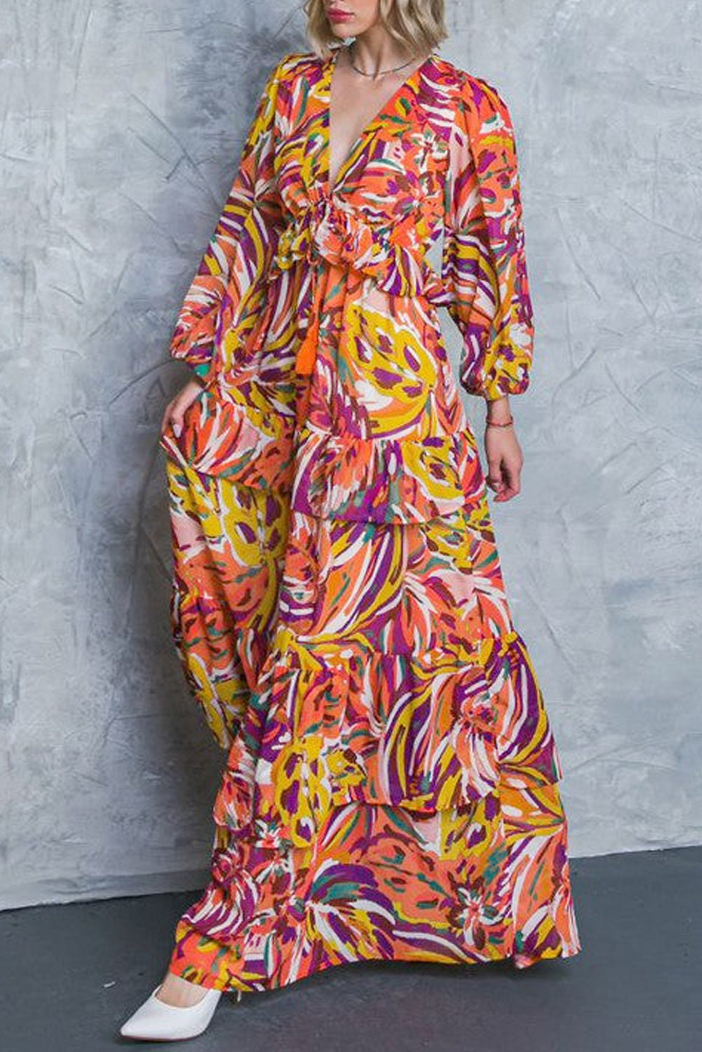 Multicolor Abstract Print Boho V Neck Tassel Tie Maxi Dress