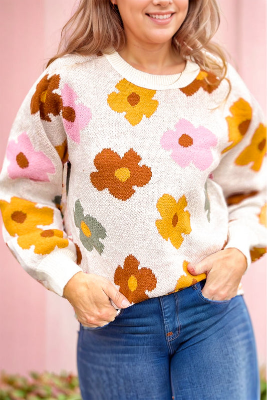 Plus Size Flower Pattern Ribbed Trim Casual Sweater