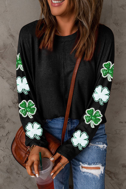 Gray Sequin St Patrick Clover Patched Graphic Long Sleeve Tee