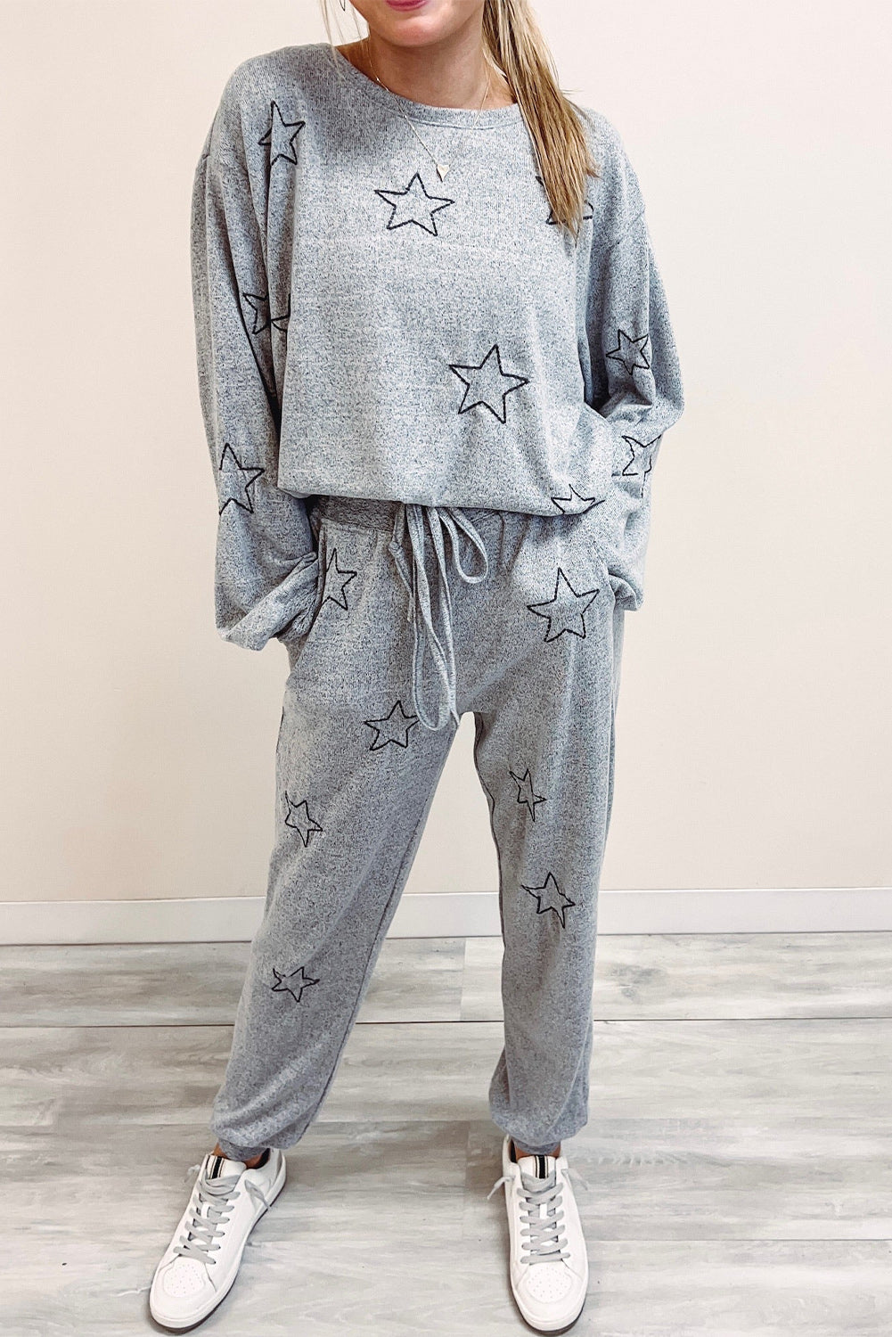 Gray Stars Print Long Sleeve Top and Drawstring Pants Set