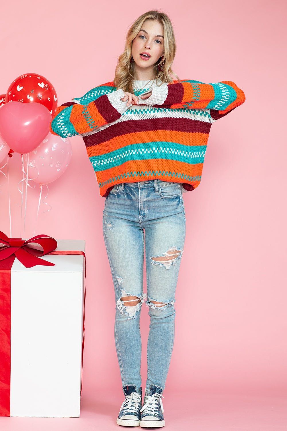 Multicolor Color Block Striped Loose Sleeve Sweater