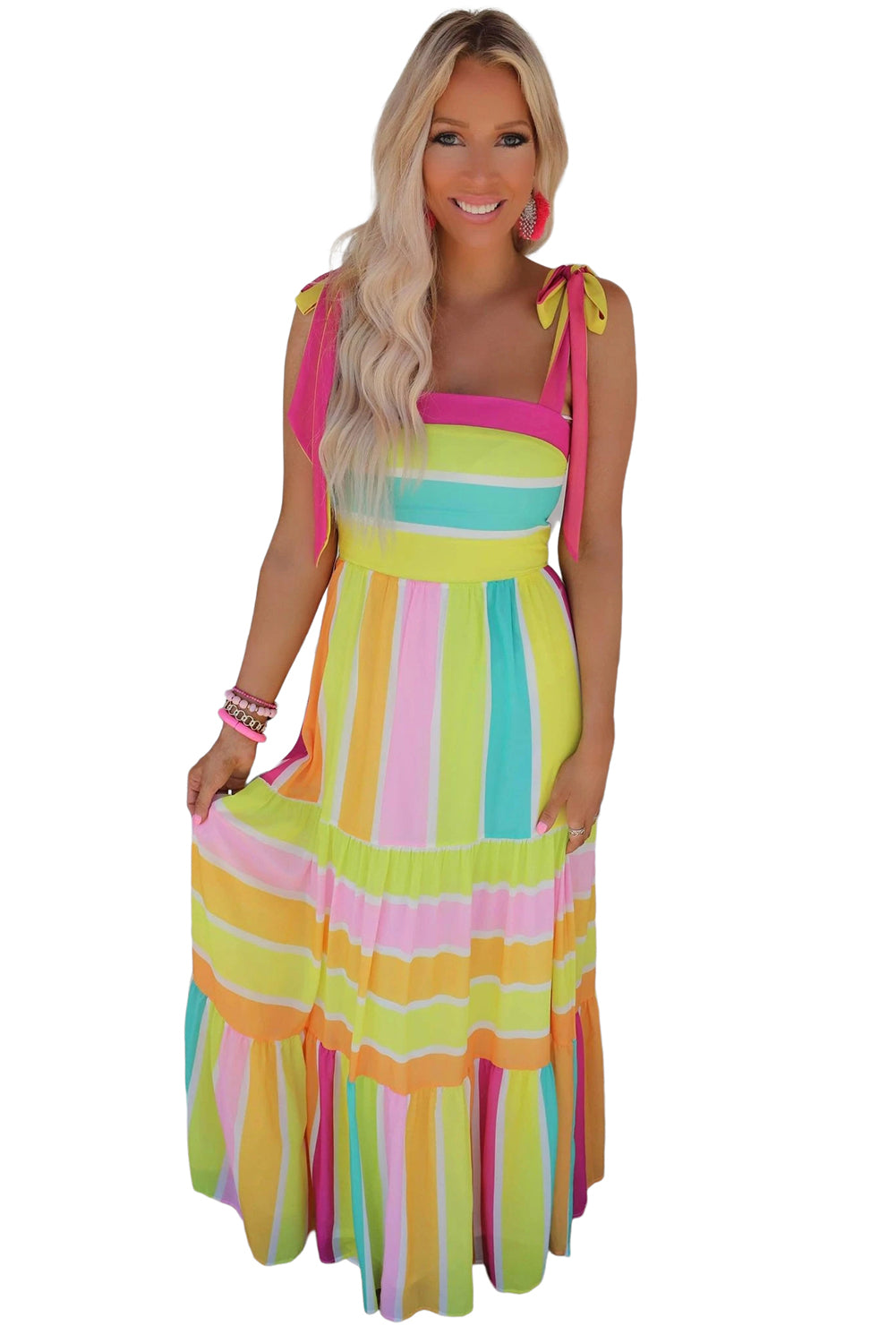 Multicolor Striped Print Bow Knot Straps Sleeveless Maxi Dress