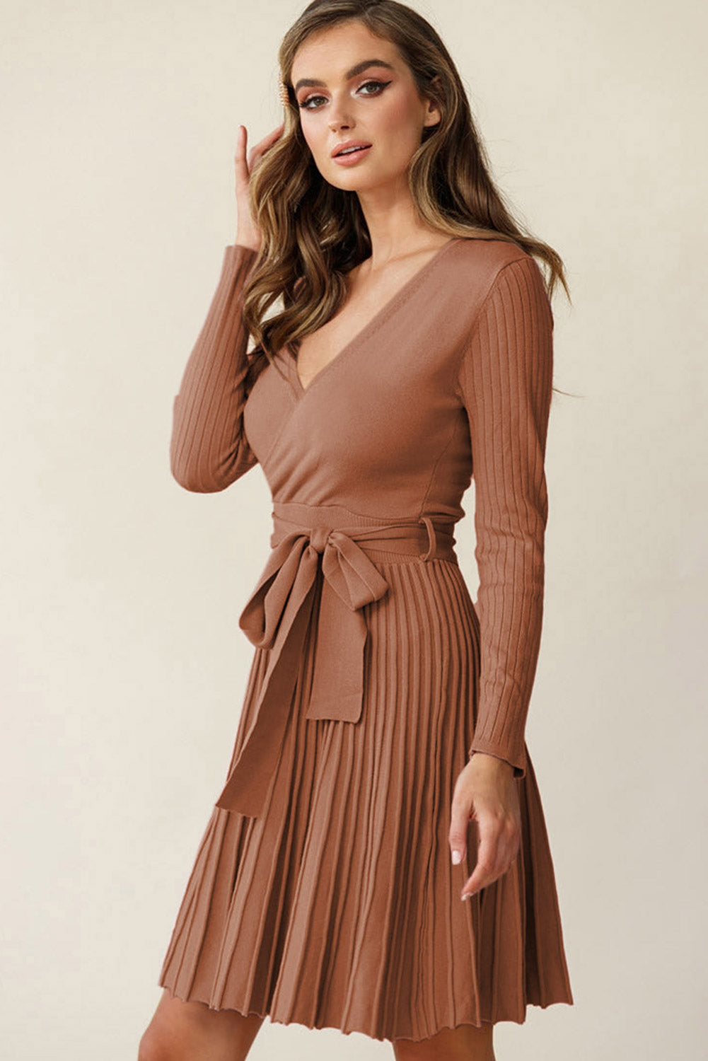 Gray Belted Wrap V Neck Ribbed Pleated Sweater Dress