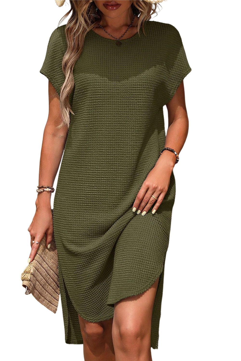 Jungle Green Batwing Sleeve Knit Curved Hem Dress