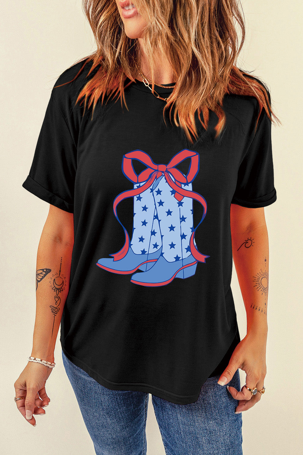 Star Boots Bow Knot Graphic Crew Neck T Shirt