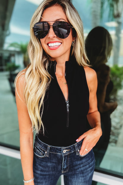 Black Zip Up Mock Neck Ribbed Sleeveless Bodysuit