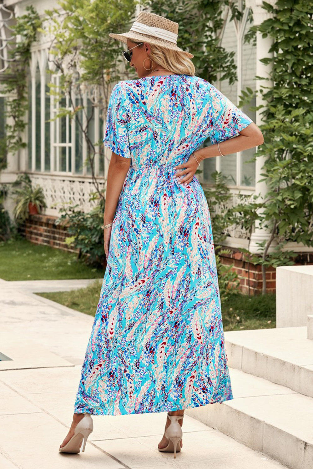 Abstract Botanic Print Wrap V Neck Short Sleeve Maxi Dress