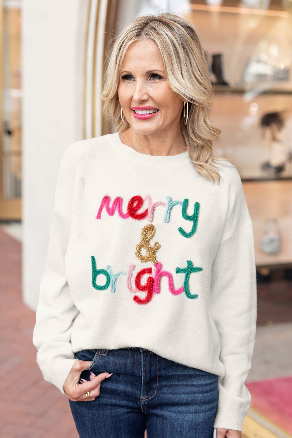 Glitter Merry & Bright Round Neck Knit Sweater