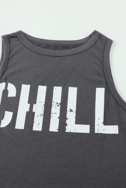 Dark Gray Letter Print Sleeveless Crew Neck Tank Top