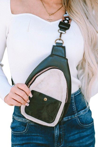 Black Colorblock Leatherette Zipper Chest Bag