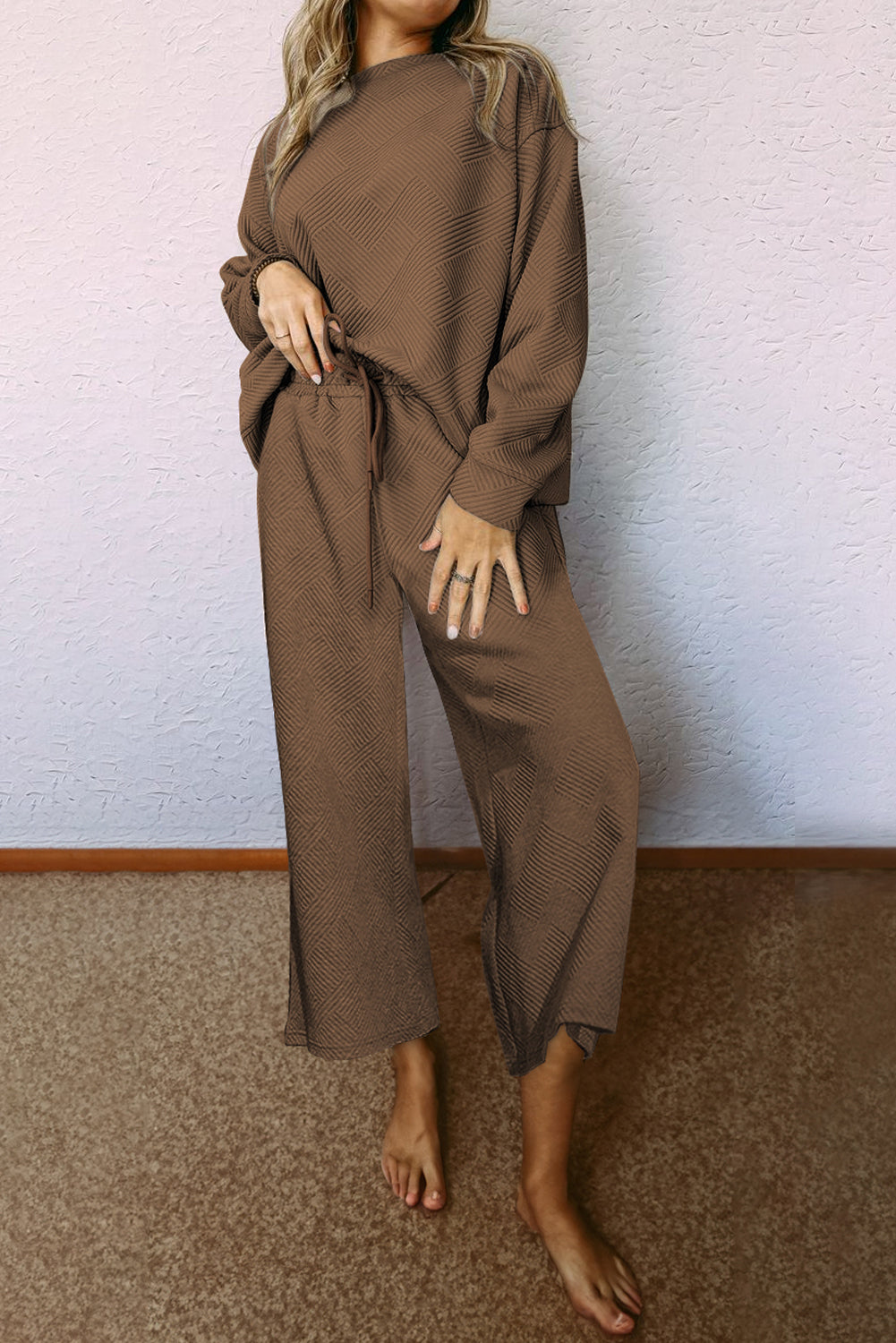 White Textured Loose Slouchy Long Sleeve Top and Pants Set