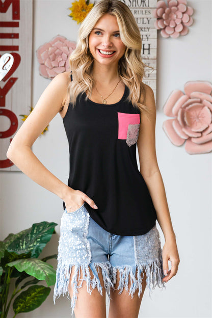 Casual Sequin Pocket Patchwork Leopard Tank Top